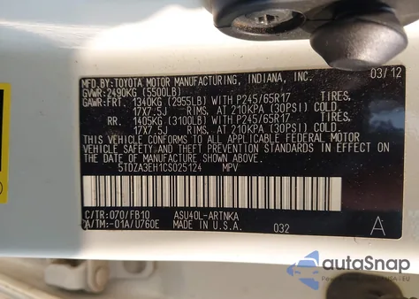 2012 Toyota Highlander from USA, damaged, VIN 5TDZA3EH1CS025124